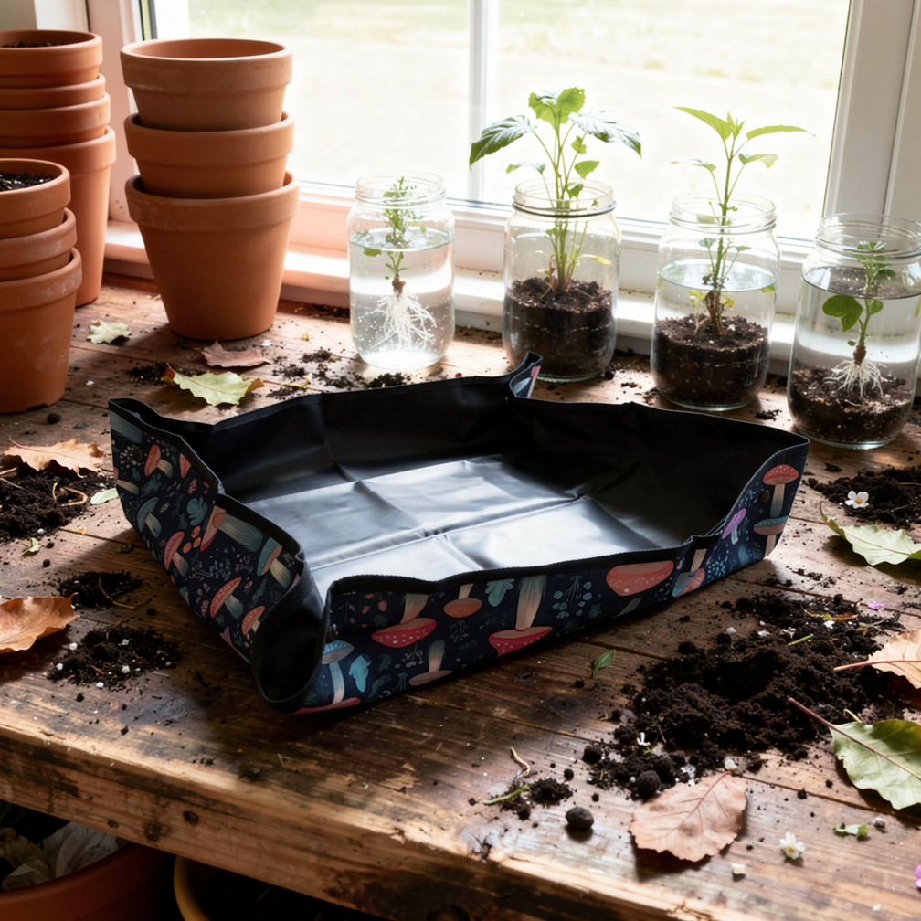 The Botanical Potting Mat — hand-illustrated mushroom and wildflower design by Loam & Home